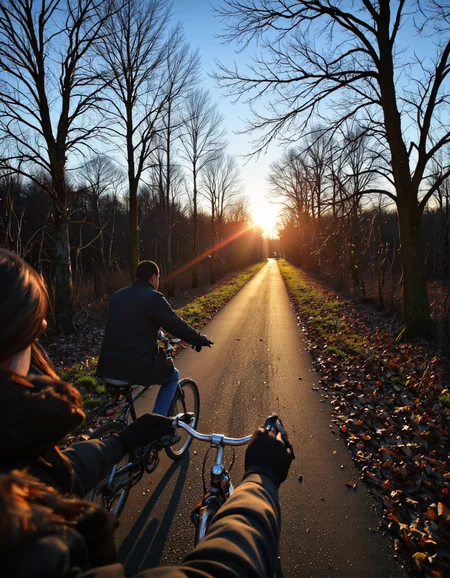 By Ibai Acevedo. A photorealistic POV shot of two people cycling on a wooded path surrounded by autumn leaves at sunset. The person in front is seen from behind and is wearing a black jacket. The person in the POV has their hands on the handlebars of the bike and is wearing black gloves. The background shows a clear blue sky with the sun shining through the trees, casting a warm glow on the leaves on the ground. The overall mood is peaceful and serene.