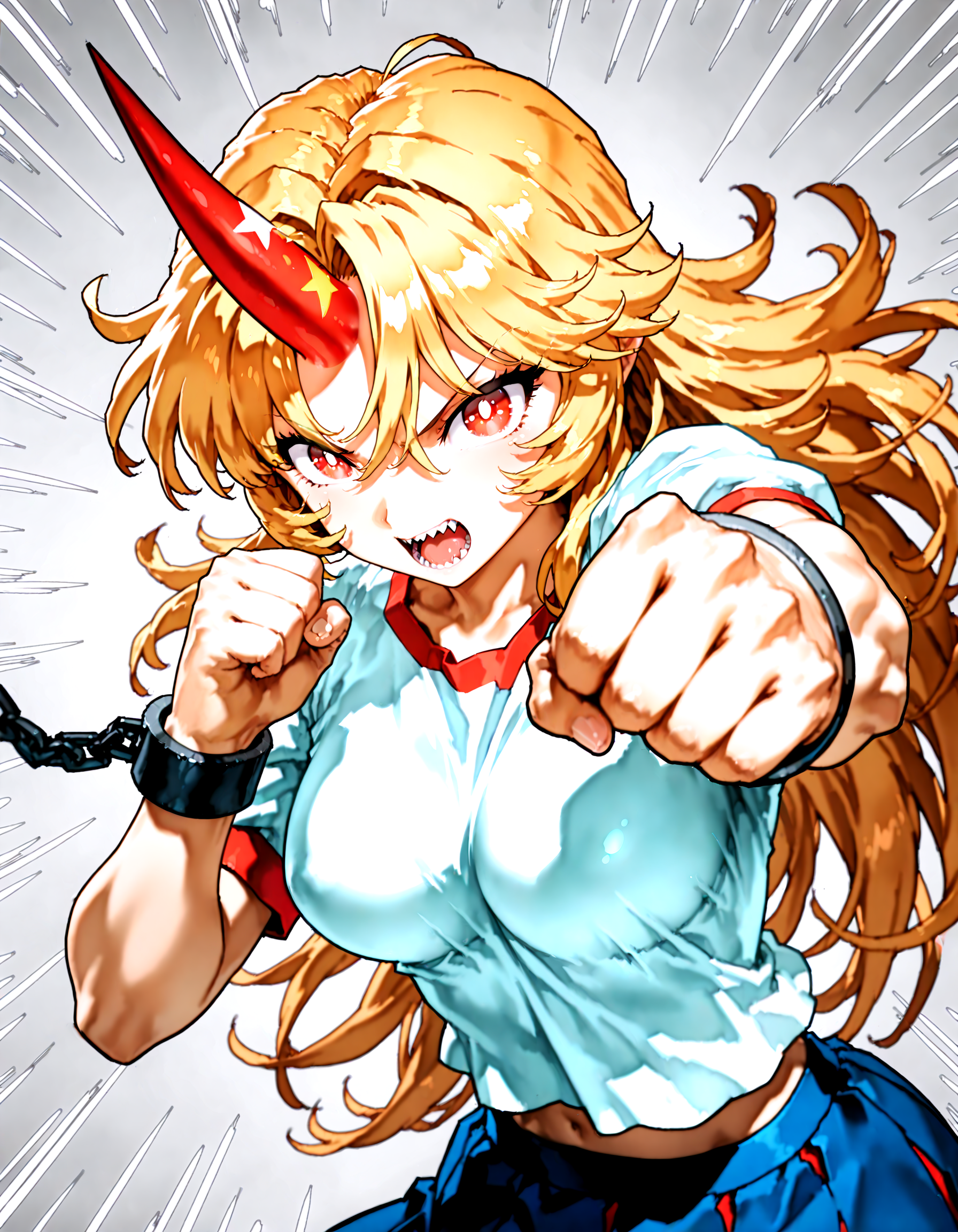 munakata_(sekimizu_kazuki):1.2,mogudan:0.8, hamada_yoshikazu ,toriyama_akira_(style) ,touhou ,hoshiguma_yuugi , highres ,1girl ,black_skirt, blonde_hair, breasts ,bright_pupils ,clenched_hands ,cuffs ,emphasis_lines, grey_background ,horns, incoming_attack, long_hair ,looking_at_viewer, medium_breasts, open_mouth, punching ,red_eyes ,red_horns, shackles ,sharp_teeth ,shirt, short_sleeves ,simple_background ,single_horn ,skirt solo, star_(symbol), teeth, upper_body ,white_shirt, messy_hair ,<lora:touhou_146:0.5>,<lora:illustrious_noobai_epsilon_pred_1_best_quality_v1:0.7> ,<lora:illustrious_noobai_epsilon_pred_1_masterpieces_v1:0.7>, <lora:ponyv4_noob1_2_adamW:0.5>,