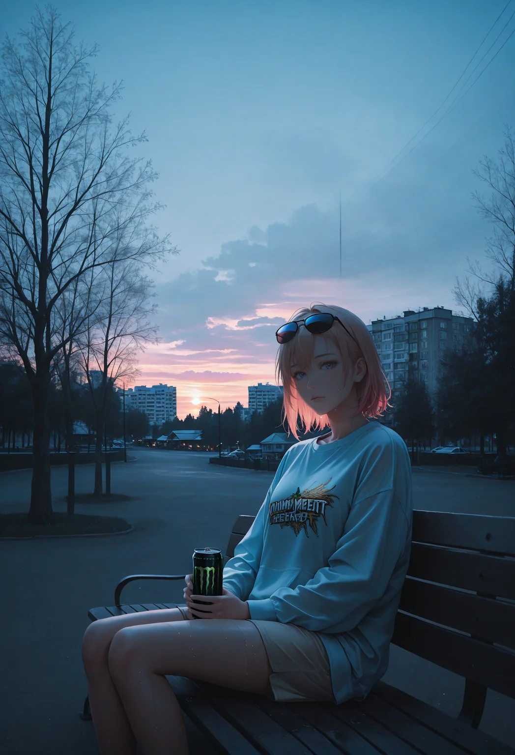 night shot of golden hour shot of blue hour shot of (masterpiece), (best quality), (ultra-detailed), looking at viewer, (muscular legs:0.9),
<lora:dark_v1.9-pony:0.9> dark theme,<lora:NOOB_vp1_detailer_by_volnovik_v1:1.4> <lora:ebenya:0.8> ebenya, building, outdoors, city, rainy day in a small Russian town, overcast weather, wet trees, tree, a young woman sitting on a park bench on a sunny summer day, drinking a can of Monster Energy, casual and relaxed outfit, sunglasses resting on her head, green trees and blue sky in the background, a warm and vibrant atmosphere, a sense of carefree energy, detailed textures, realistic lighting, 4k, ultra-detailed, cinematic composition, vibrant colors, a mix of modern and natural elements, a moment of youthful enjoyment. Cool light, twilight, peaceful, moody. Warm light, sunset/sunrise, magical, serene. Dark, lit, moody, mysterious