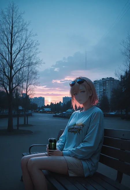 night shot of golden hour shot of blue hour shot of (masterpiece), (best quality), (ultra-detailed), looking at viewer, (muscular legs:0.9),
<lora:dark_v1.9-pony:0.9> dark theme,<lora:NOOB_vp1_detailer_by_volnovik_v1:1.4>  <lora:ebenya:0.8> ebenya, building, outdoors, city, rainy day in a small Russian town,  overcast weather, wet trees,  tree,   a young woman sitting on a park bench on a sunny summer day, drinking a can of Monster Energy, casual and relaxed outfit, sunglasses resting on her head, green trees and blue sky in the background, a warm and vibrant atmosphere, a sense of carefree energy, detailed textures, realistic lighting, 4k, ultra-detailed, cinematic composition, vibrant colors, a mix of modern and natural elements, a moment of youthful enjoyment. Cool light, twilight, peaceful, moody. Warm light, sunset/sunrise, magical, serene. Dark, lit, moody, mysterious