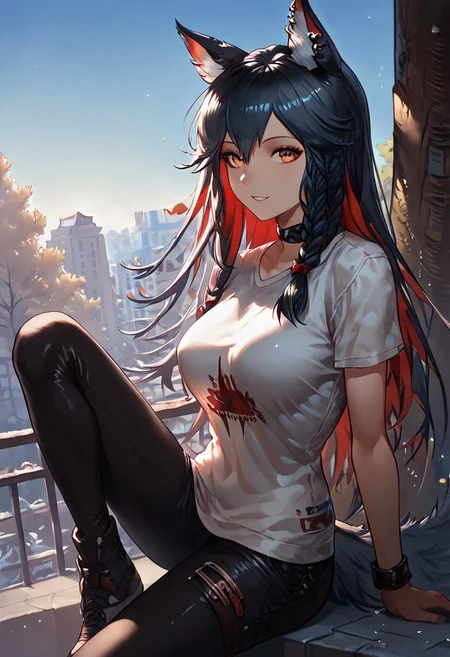 1girl, texas (arknights), female, young, wolf girl, wolf tail, wolf ears, animal ear fluff, amber eyes, multicolored hair, black hair, red inner hair, (busty petite:1.2), t-shirt, denim pants, (petite body:1.4), happy, looking at viewer, park, laying against a tree, taut clothing, headshot, extremely tight shirt, inviting expression, side view, leather choker, dutch angle, dark eyeliner, summer colors, cornrow braids, leather bracelets, hands behind back, score_9, score_8_up, score_7_up, (masterpiece, best quality, very aesthetic, ultra detailed), intricate details, beautiful face, detailed eyes, detailed background, granblue_fantasy_style_xl, expressiveh, light from above, ear piercings, leg bent, one leg up, foot on ledge