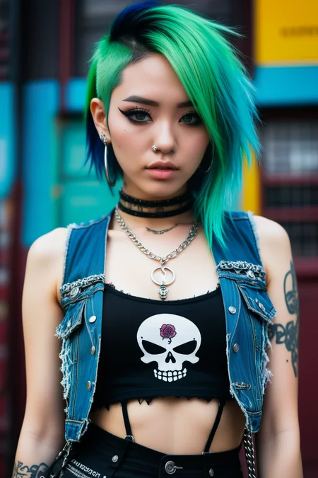 (street photography) Japanese punk girl,(JAV),punk wearing a distressed denim vest over a sheer mesh top,babydoll dress with floral print, paired with torn mesh stockings,lace-up combat boots, emerald green hair, sleek asymmetrical undercut with shave sides, ear piercings,labret piercing, mascara,studded choker,silver skull rings,adorned with silver chains and safety pins,provocative allure,intricate background,<lora:Jasmine:1>,eye catchlights,