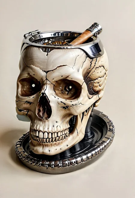 Ultra realistic with high quality and ultra detail with excellent focus and contrast, photorealistic style image, ultra realism, high resolution of 1 object ashtray, material metal, ashtray base (metal arm) holds the metal ashtray in the shape of a skull, the eyes of skull charm gems