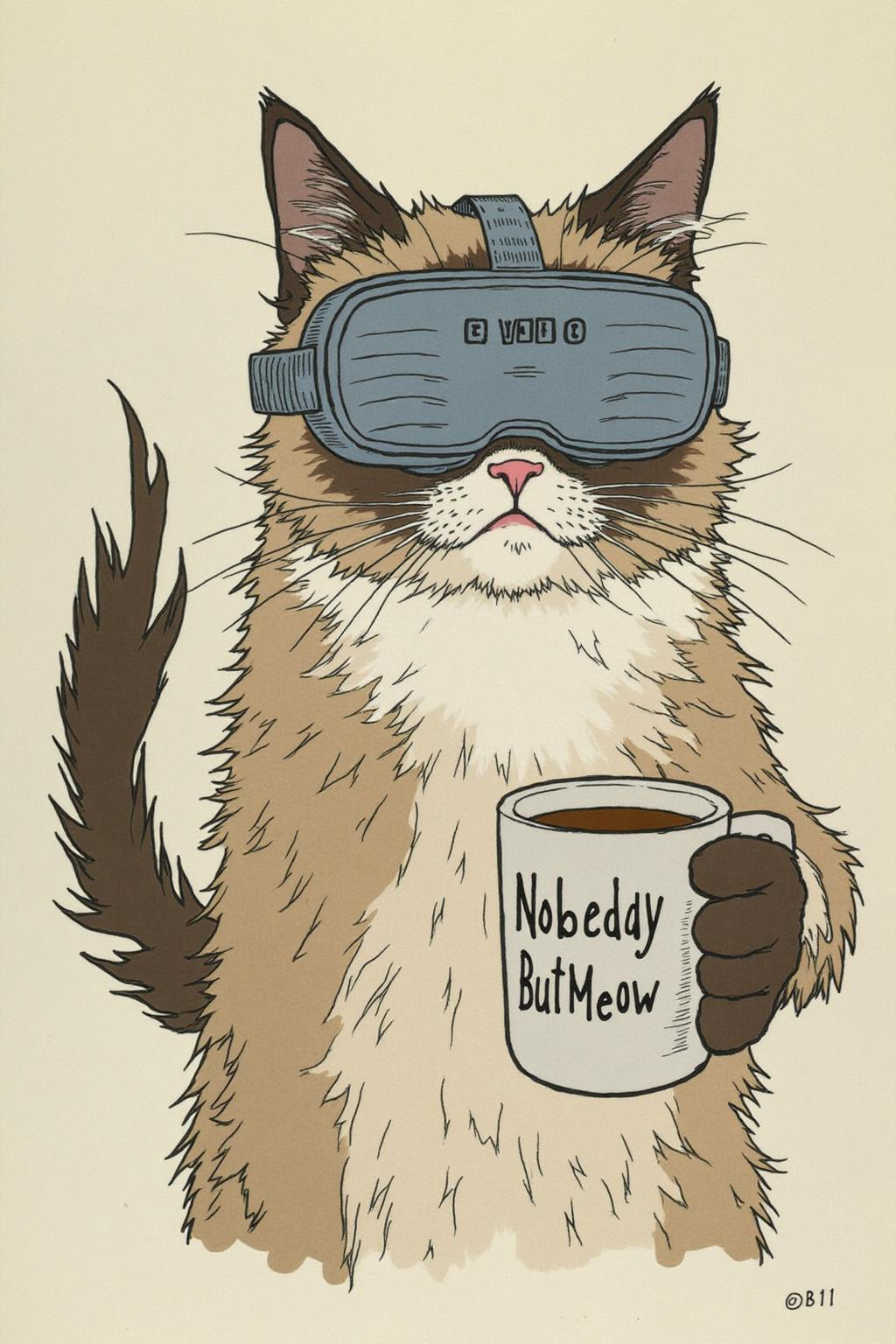 ivanbilibin1 illustration. 
Grumpy Cat holding a coffee mug, wearing a VR Headset. The mug has the phrase "NobodyButMeow" printed
 <lora:ivanbilibin1_cap_d6a3:1.0><lora:835905897143273583:0>