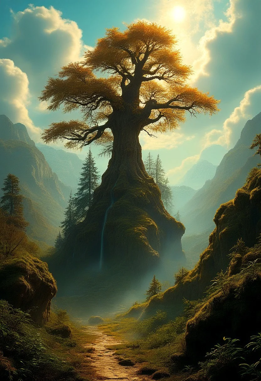 baroque art style , ancient fantasy forest,intricately intertwined trees,
stunningly beautiful clouds
down ,
epic composition, cinematic,
perfection style, perfection, perfect , style of Rembrandt, flux-style