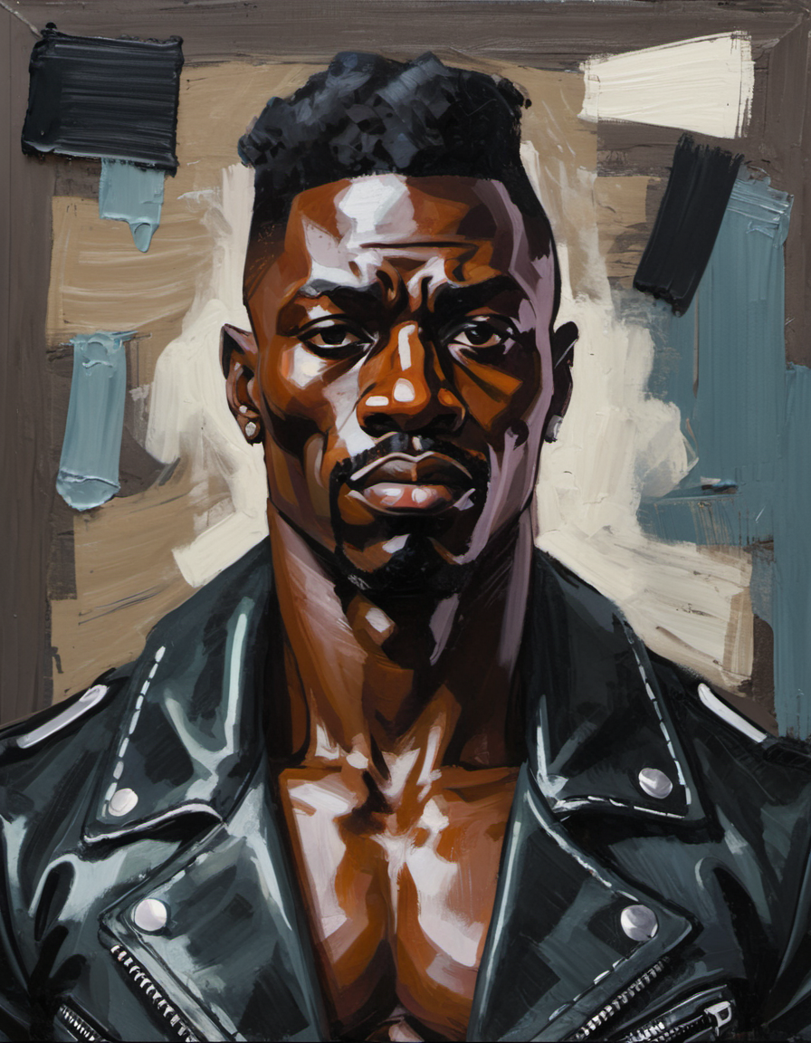surreal painting, portrait of an Nigerian man, bodybuilder, wearing a leather jacket, dark theme, abstract painting background,  <lora:DiscoDeliriumXL-v1.2:0.9>