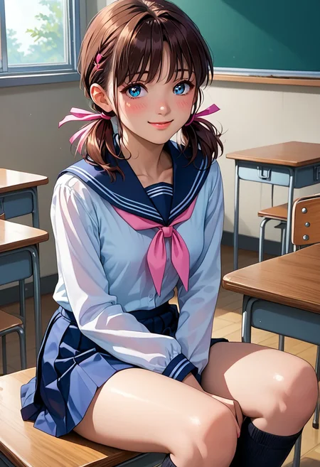 score_9, score_8_up, score_7_up, source_anime, highly detailed,  
1 girl, 20 years old, cute woman, 
Kodama Hikaru, brown hair, twintails, hair ribbon, ribbon, blue eyes, pink ribbon, low twintails, short twintails, small breasts, shy smile, blush,
school uniform, long sleeves, navy skirt, knee high socks,
class room, sitting  on school desk, 
textured skin, beautiful, from front,