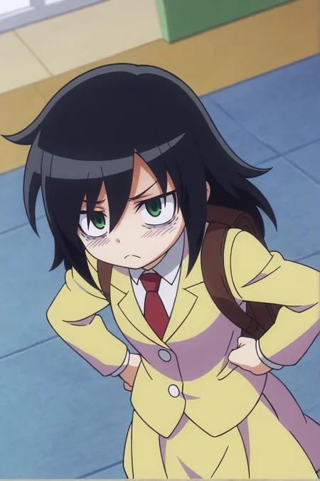score_9, score_8_up, score_7_up,anime_source, source_anime, best background, detailed background, anime screencap, Tomoko Kuroki, Student Uniform, indoors, blush, dynamic angle, dynamic pose, backpack, hands on hips, <lora:JN_Tomoko_Kuroki:0.8>
