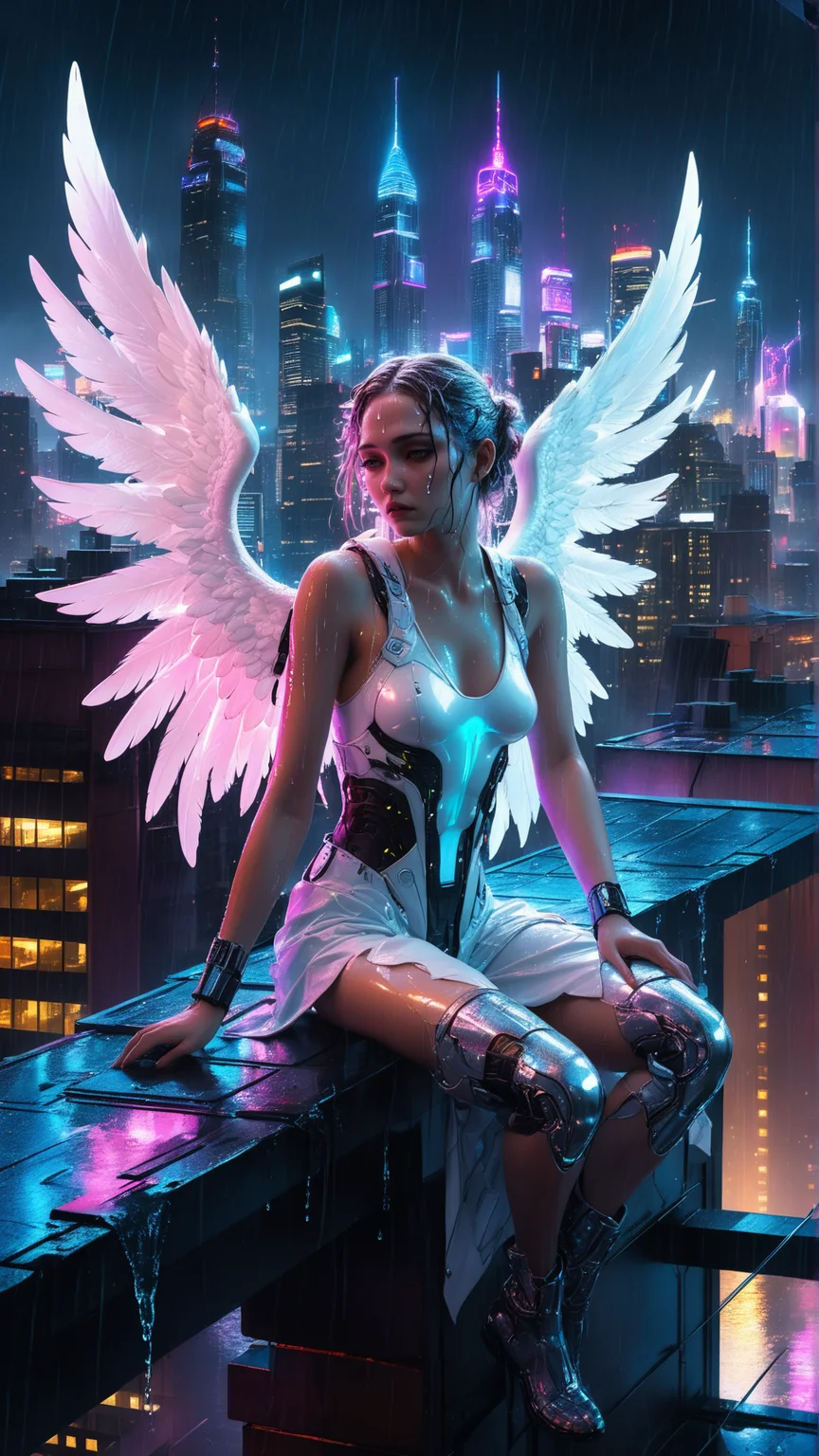 Angelic figure with white wings, sitting on a rooftop edge, neon-lit futuristic cityscape, hyperrealistic, intricate details, dramatic lighting, cyberpunk aesthetic, introspective, high contrast, soft light on wings, rain-soaked environment, realistic wet textures, water reflections, glistening surfaces, wet clothing, droplets on skin