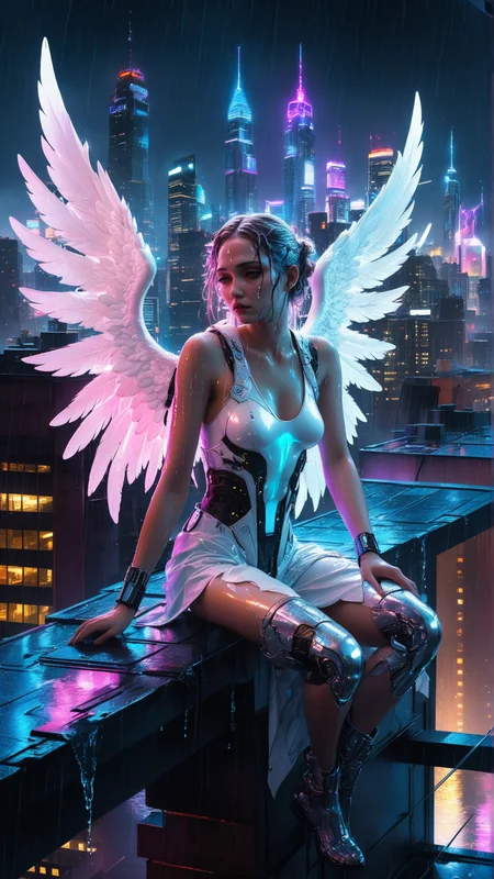 Angelic figure with white wings, sitting on a rooftop edge, neon-lit futuristic cityscape, hyperrealistic, intricate details, dramatic lighting, cyberpunk aesthetic, introspective, high contrast, soft light on wings, rain-soaked environment, realistic wet textures, water reflections, glistening surfaces, wet clothing, droplets on skin