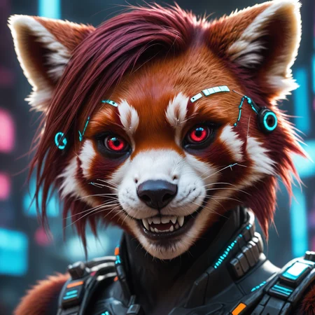 closeup, face portrait,anthro red panda ,cyberpunk , fangs <lora:Furry Enhancer 6.1:0.8>