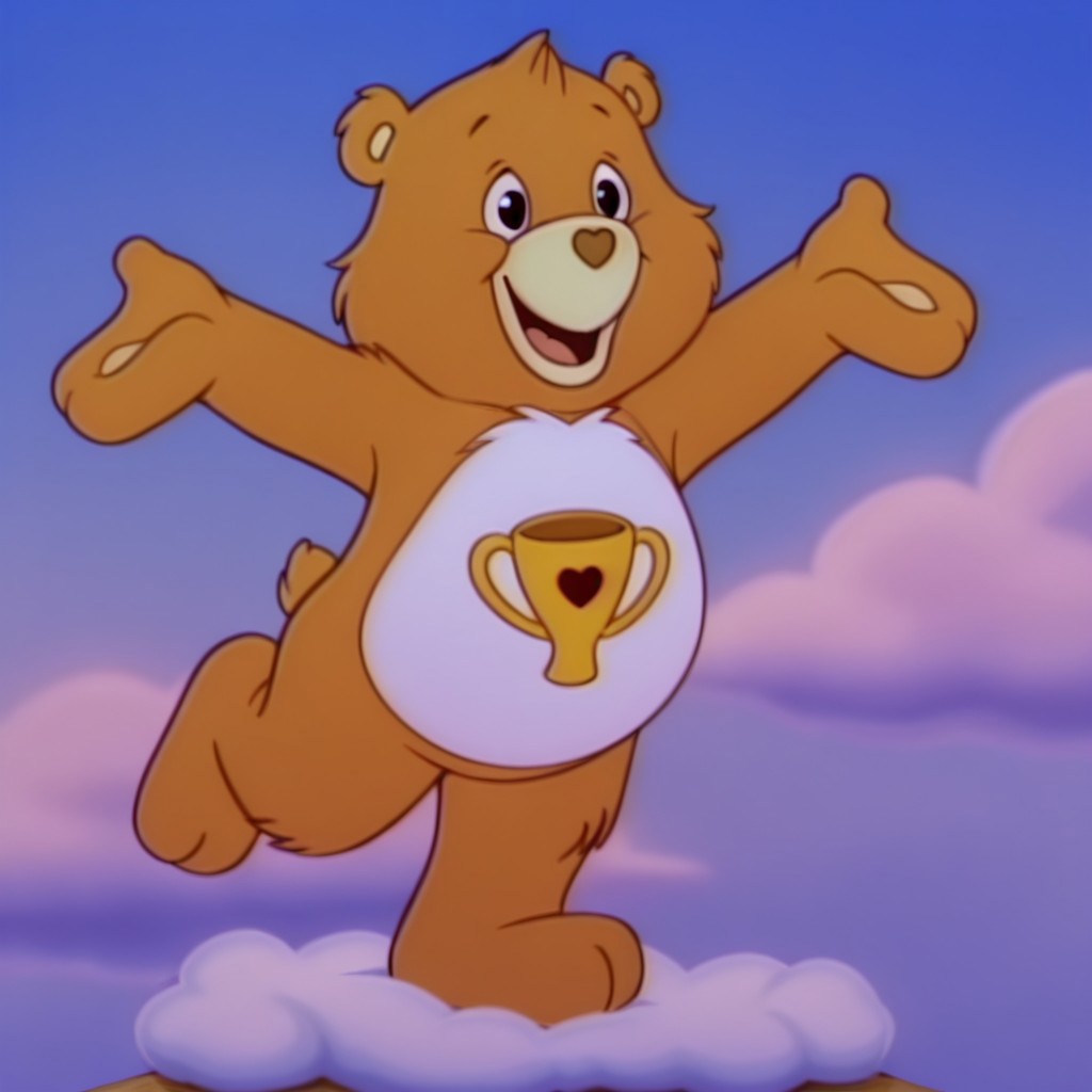 ,masterpiece, best quality, amazing quality,  champbearil, semi-anthro, male, bear_boy, yellow-orange fur, black eyes, tummy symbol, full body, solo, standing on a cloud, happy, wave