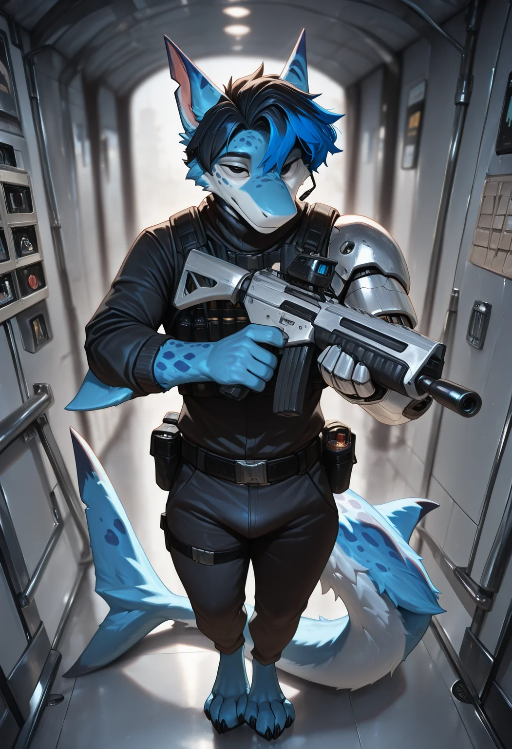 photorealism, photorealistic, hi res, depth of field, detailed background, detailed fur, soft light, 
azuro_steelpaw, anthro, adult, 1boy, solo, male focus, furred shark, male, marine, furry male, single mechanical arm, silver mechanical arm, prosthesis, spots, looking at viewer, blue highlights, black hair, animal ears, black claws, azure fur, black eyes, belts, black clothing, black turtleneck with long sleeves, techwear, 
(masterpiece, best quality, very aesthetic, newest, 2024), (artist:syuro:0.8), (artist:nomax:0.5), (artist:honovy:0.6), (artist:kenket:0.6), (artist:taran fiddler:0.6), inside, wearing headset, holding weapon, holds assault rifle, (assault rifle:1.15), aiming, walking, ops, attentive, half-selected eyes, shooting, gunshot, explosives, 
 <lora:Azuro_Steelpaw_OC_Illustrious_2:1>