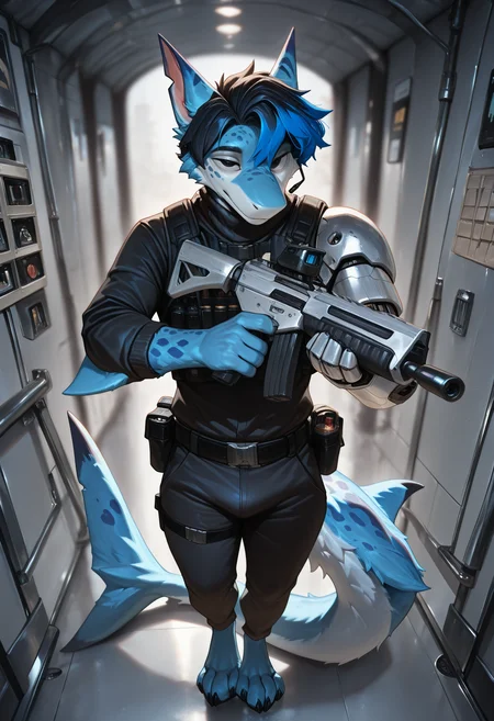 photorealism, photorealistic, hi res, depth of field, detailed background, detailed fur, soft light,
azuro_steelpaw, anthro, adult, 1boy, solo, male focus, furred shark, male, marine, furry male, single mechanical arm, silver mechanical arm, prosthesis, spots, looking at viewer, blue highlights, black hair, animal ears, black claws, azure fur, black eyes, belts, black clothing, black turtleneck with long sleeves, techwear,
(masterpiece, best quality, very aesthetic, newest, 2024), (artist:syuro:0.8), (artist:nomax:0.5), (artist:honovy:0.6), (artist:kenket:0.6), (artist:taran fiddler:0.6), inside, wearing headset, holding weapon, holds assault rifle, (assault rifle:1.15), aiming, walking, ops, attentive, half-selected eyes, shooting, gunshot, explosives,
<lora:Azuro_Steelpaw_OC_Illustrious_2:1>