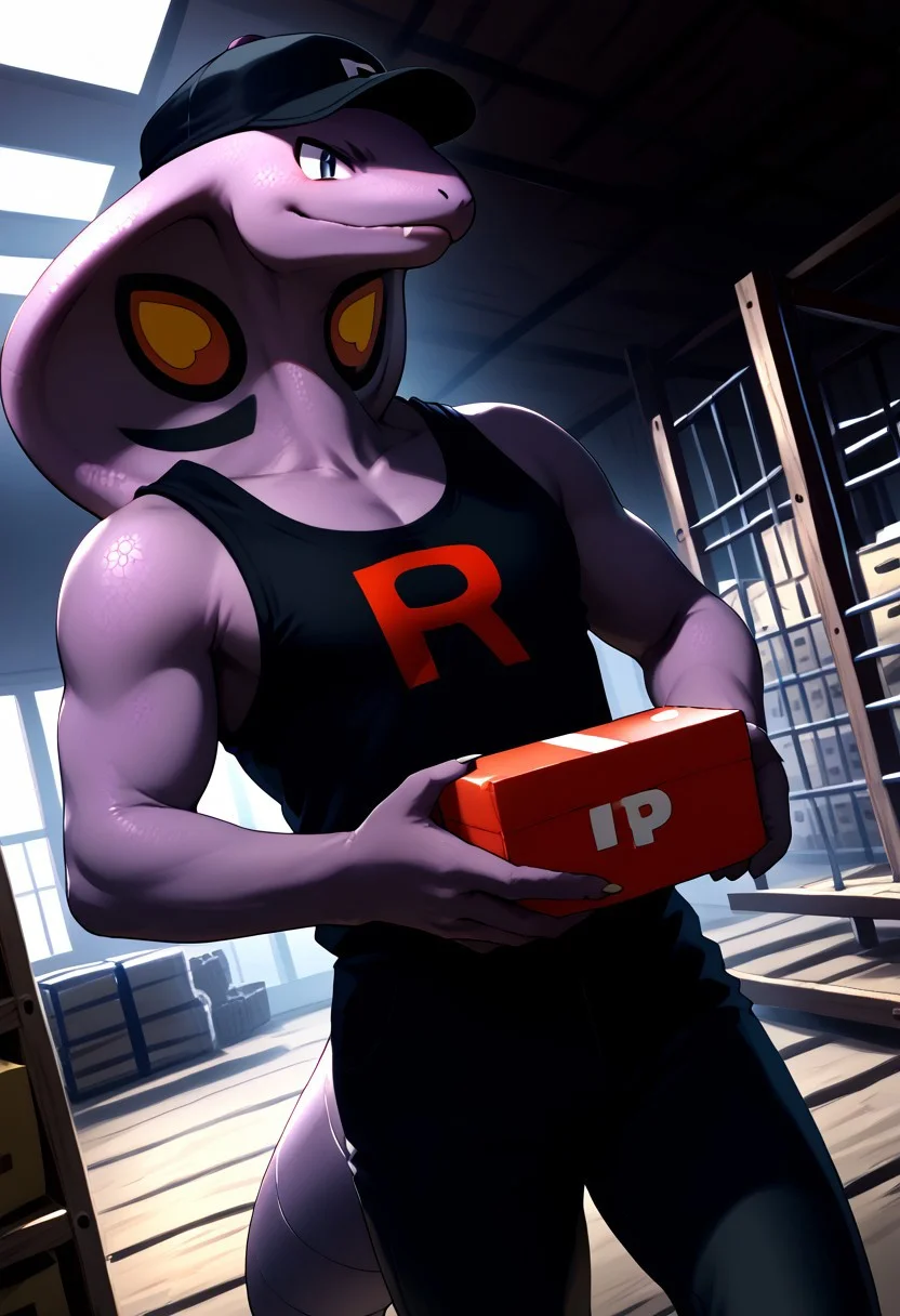 score_9, score_8_up, score_7_up, score_6_up, score_5_up, (dutch angle), (solo, male_focus), (arbok, snake, pokemon, anthro, wearing team rocket uniform, black pants, black cap with red R), (holding a chest box, dynamic pose), (warehouse, indoor), (extremely detailed background, detailed landscape), (extremely detailed, masterpiece, high quality)