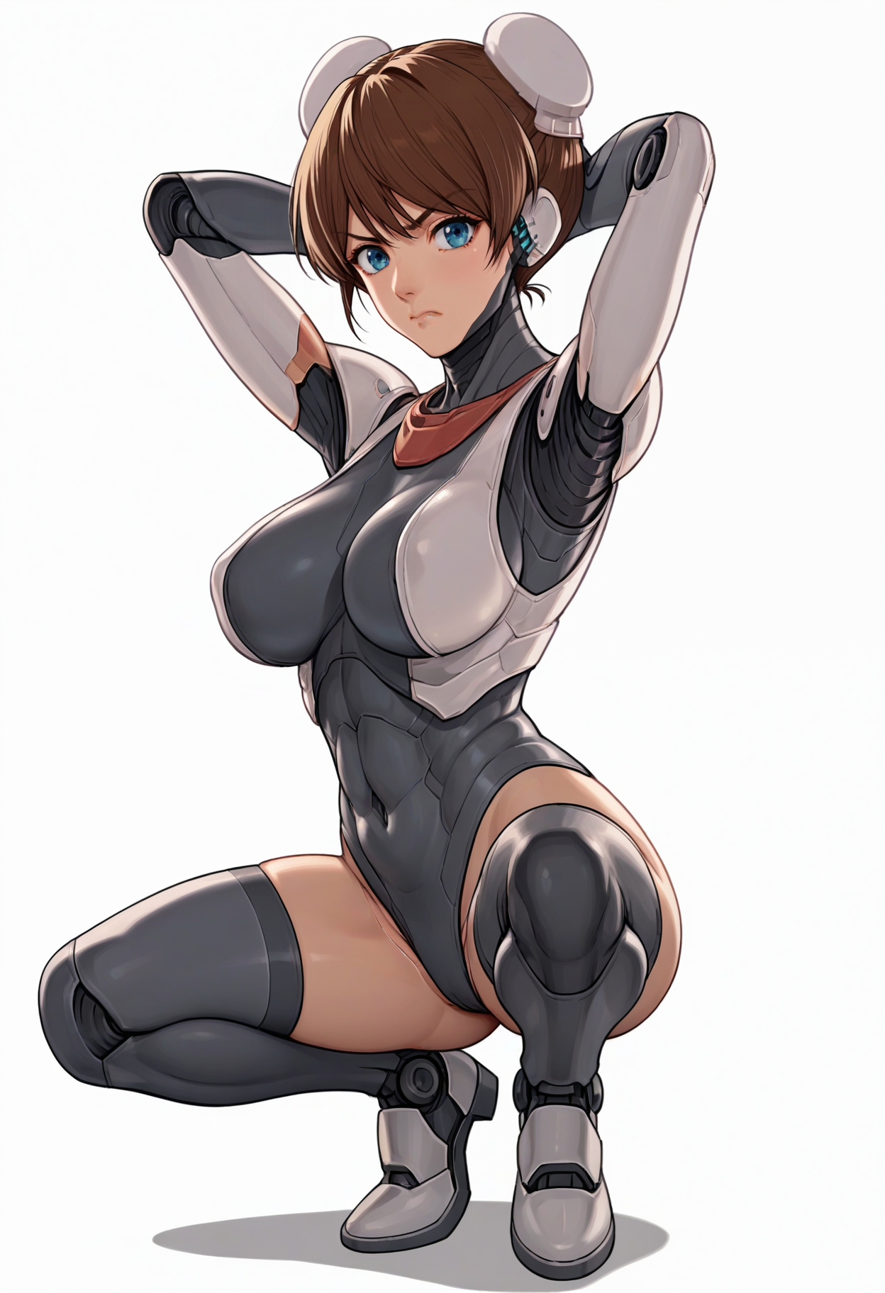 score_9, score_8_up, score_7_up, score_6_up, anime screencap, anime coloring, <lora:MNLMimi-10:0.7>, MNLMimi, robot joints, cyborg, blue eyes, lower body, thighhighs, bodysuit, brown hair, short hair, bun cover, double bun, large breasts,
robot ears, headgear,
squatting, arms behind head, looking at viewer, closed mouth, disgust, from side, 
BREAK simple background, white background,
