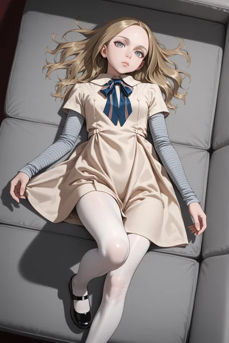 masterpiece, best quality, absurdres, highres,indoor,from above
<lora:m3gan_ill_v1.3:1> 1girl,m3gan, grey eyes,(thick lips:0.8),expressionless,striped long sleeves, dress, long hair, white pantyhose,black footwear,mary janes,looking at viewer,lying,the pose
