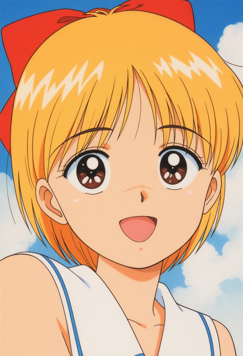 masterpiece, best quality, source_anime,official art,perfect_anatomy,1990s_\(style\),retro_artstyle,1girl, Himeko_Nonohara, brown_eyes, blonde_hair, red_bow, hair_bow,(looking_at_viewer,smile,open mouth),portrait,close to viewer,day,blue_sky,cloud