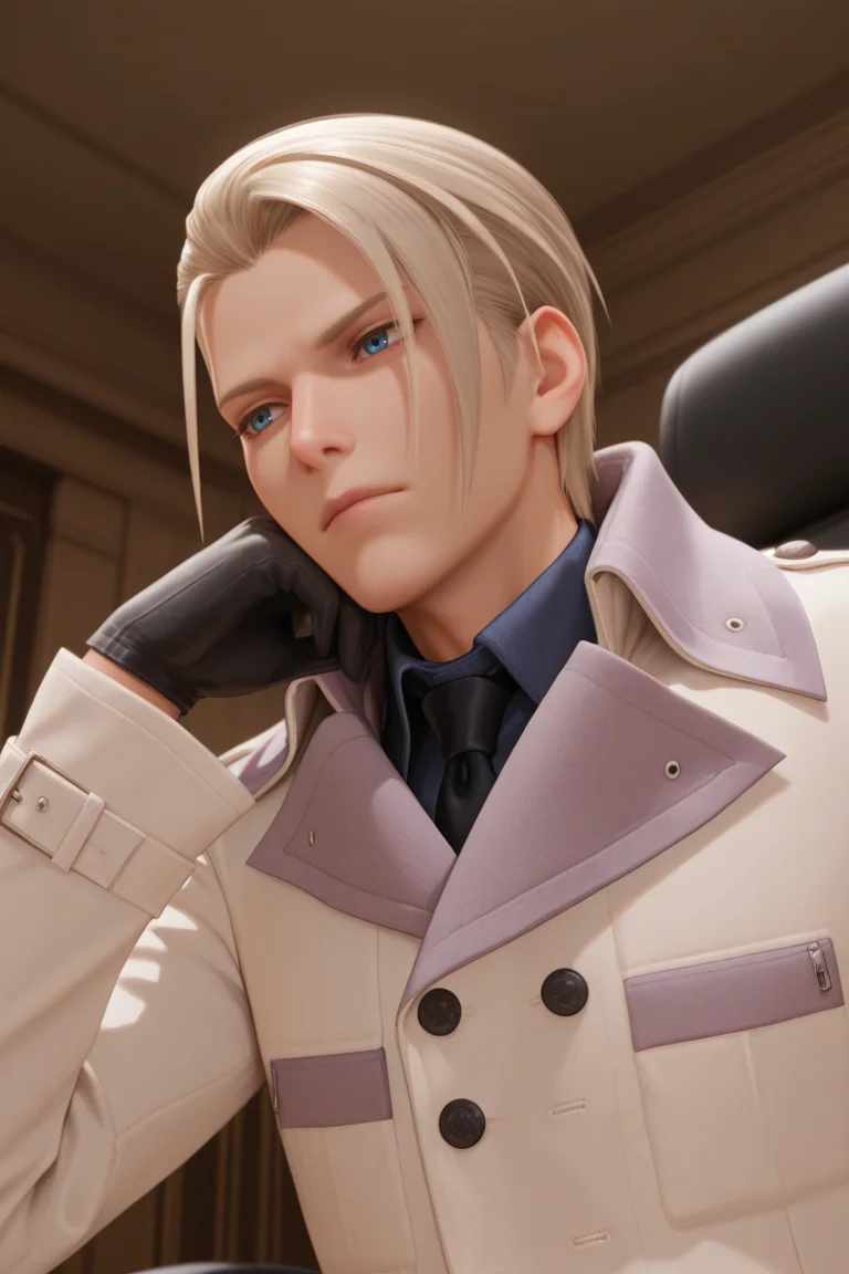 masterpiece, best quality, amazing quality, highres, absurdres, intricate detail,2d,anime , , , 1boy, solo, male focus , , , <lora:rufus_shinra:0.84>,rufus shinra,platinum blonde hair,blue eyes,short hair,slicked back hair,from below, gloves, closed mouth, upper body, black gloves, head rest,white coat,collared shirt,office chair,indoors,thoughtful