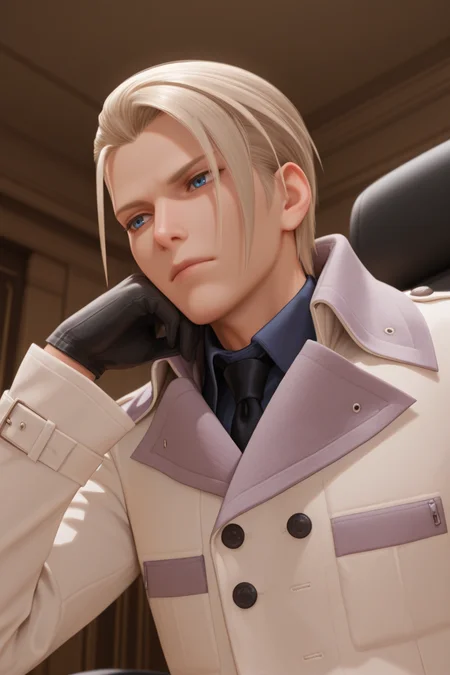 masterpiece, best quality, amazing quality, highres, absurdres, intricate detail,2d,anime , , , 1boy, solo, male focus , , , <lora:rufus_shinra:0.84>,rufus shinra,platinum blonde hair,blue eyes,short hair,slicked back hair,from below, gloves, closed mouth, upper body, black gloves, head rest,white coat,collared shirt,office chair,indoors,thoughtful