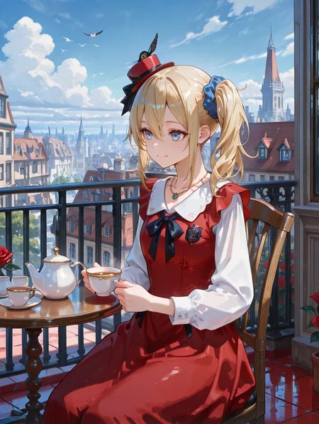 perfect quality,high quality,masterpiece,best quality,amazing quality,very aesthetic,absurdres,Cinematic Lighting,newest,Tactical use of shadow,
1girl,solo,blonde hair,long hair,side ponytail,blue scrunchie,scrunchie,hair scrunchie,hair between eyes,bangs,sidelocks,blue eyes,necklace,HayasakaAiCYQL,,
scenery,reddress,dress,hat,fromabove,cityscape,cup,teacup,sky,table,window,balcony,bird,day,detachedsleeves,bow,building,outdoors,railing,cloud,teapot,lookingatviewer,flower,city,holding,standing,minihat,bluesky,checkeredfloor,redbow,redheadwear,sleeveless,blackbow,closedmouth,sleevelessdress,rose,longsleeves,smile,sitting,tophat,chair,,
usnr,748cmstyle,<lora:USNR STYLE_XL_loha:0.45>,<lora:spo_sdxl_10ep_4k-data_lora_webui:0.6>,<lora:illustrious_all_rated_v1:0.6>,<lora:748cmSDXL:0.6>,<lora:illustrious_quality_modifiers_masterpieces_v1:0.8>,<lora:lora.by_tusi:1>,