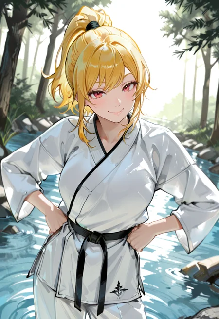 1girl, solo, anime coloring, anime artwork, masterpiece, best quality, newest, absurdres, highres, safe, CG, cinematic lighting, natural shadow, highest detail, detailed background, intricate scenery, depth of field, insane details, intricate, subsurface scattering, very aesthetic, serene atmosphere, artistic rendering, dramatic contrast, luminous elements, soft painterly texture, striking visual design, finely detailed face, beautiful face,
unholy-aesthetic, dutch angle, cinematic angle,
looking at viewer, gentle smile, slightly open eyes,
forest, on water, hands on hips, (happy smile, closed mouth:1.5),
<lora:kaelaIL:0.55> kaelaIL, medium hair,red eyes, (yellow hair:1.5), ponytail, mature female,
<lora:TER_ILL_V1:0.75>,
<lora:FighterIL:0.85> Jedmat, martial arts gi, black belt,
<lora:Expressive:1> expressive