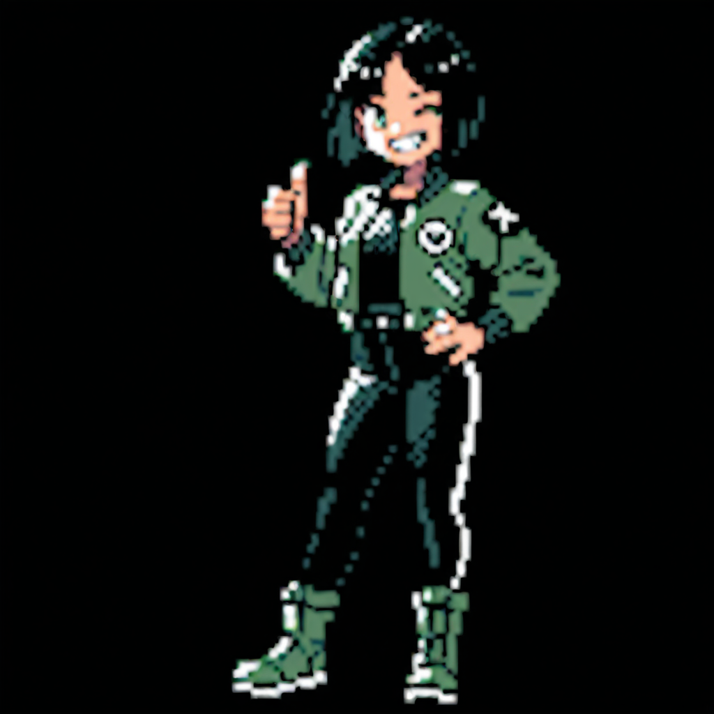 score_9,score_8_up,score_7_up,pixel art,sprite,(solo:1.3),<lora:pkm_gen02_data01_v01:0.8>,gn2pk,best quality,black background,full body,centered,1girl,parted bangs,bob cut,short black hair,green eyes,open bomber jacket,green sleeves,black shirt,black pants,(sci-fi:1.2),green boots,thumbs up,hand on hip,grinning,teeth,winking,