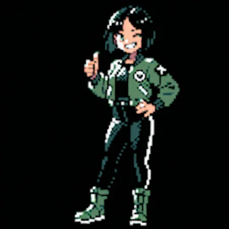 score_9,score_8_up,score_7_up,pixel art,sprite,(solo:1.3),<lora:pkm_gen02_data01_v01:0.8>,gn2pk,best quality,black background,full body,centered,1girl,parted bangs,bob cut,short black hair,green eyes,open bomber jacket,green sleeves,black shirt,black pants,(sci-fi:1.2),green boots,thumbs up,hand on hip,grinning,teeth,winking,