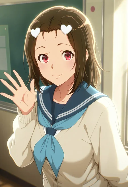 masterpiece,best quality,amazing quality, kabe tomoe, cherry-red eyes, brown hair, 1girl, solo, school uniform, smile, hair ornament, heart, looking at viewer, heart hair ornament, blue neckerchief, serafuku, waving, cardigan, sailor collar, long sleeves