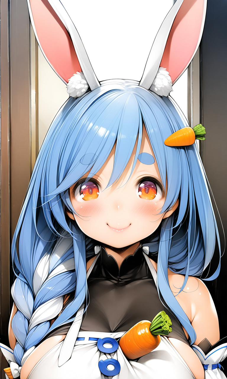 1girl, pekomama, 3, animal ear fluff, animal ears, blue hair, blush, bow, braid, breasts, carrot hair ornament, closed mouth, detached sleeves, eyebrows visible through hair, food-themed hair ornament, hair ornament, long hair, looking at viewer, single braid, multicolored hair, layboy bunny, rabbit ears, rabbit girl, smile, solo, thick eyebrows, twin braids, two-tone hair, white bow, 
portrait, straight-on, 
indoors, 
masterpiece, best quality, absurdres, by ishikei, 
<lora:Pekomama_XL:1>