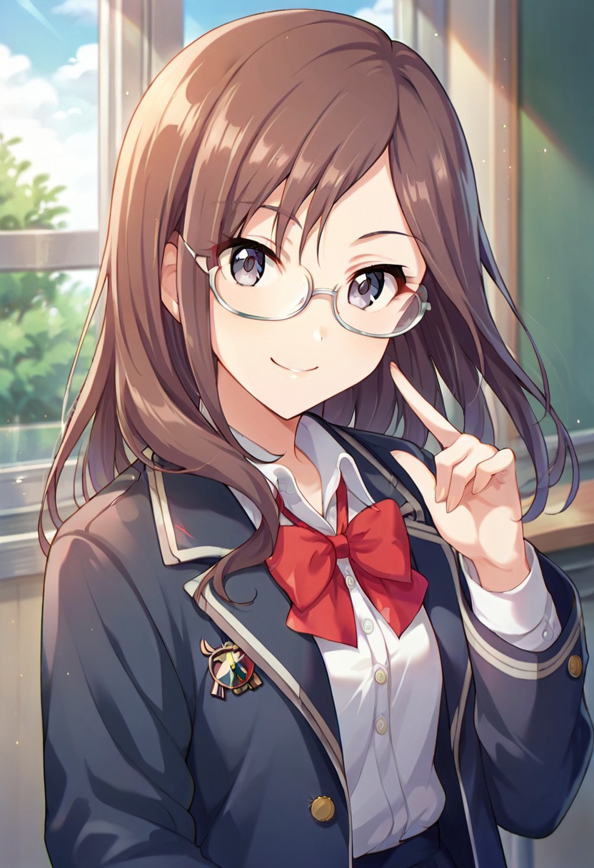 score_9, score_8_up, score_7_up, source_anime,yagami makino, long hair, glasses, brown hair, periwinkle eyes, 1girl, solo, bow, smile, school uniform, looking at viewer,  jacket, shirt, bowtie, red bow