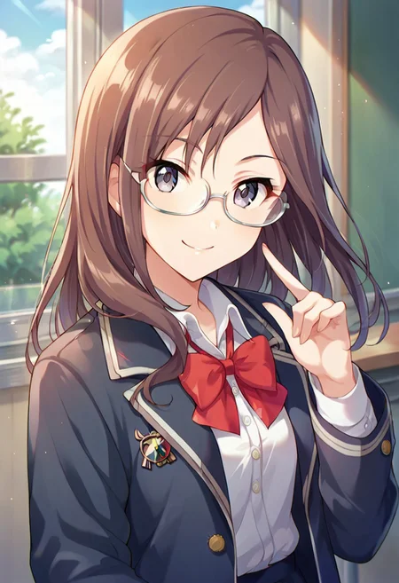 score_9, score_8_up, score_7_up, source_anime,yagami makino, long hair, glasses, brown hair, periwinkle eyes, 1girl, solo, bow, smile, school uniform, looking at viewer,  jacket, shirt, bowtie, red bow