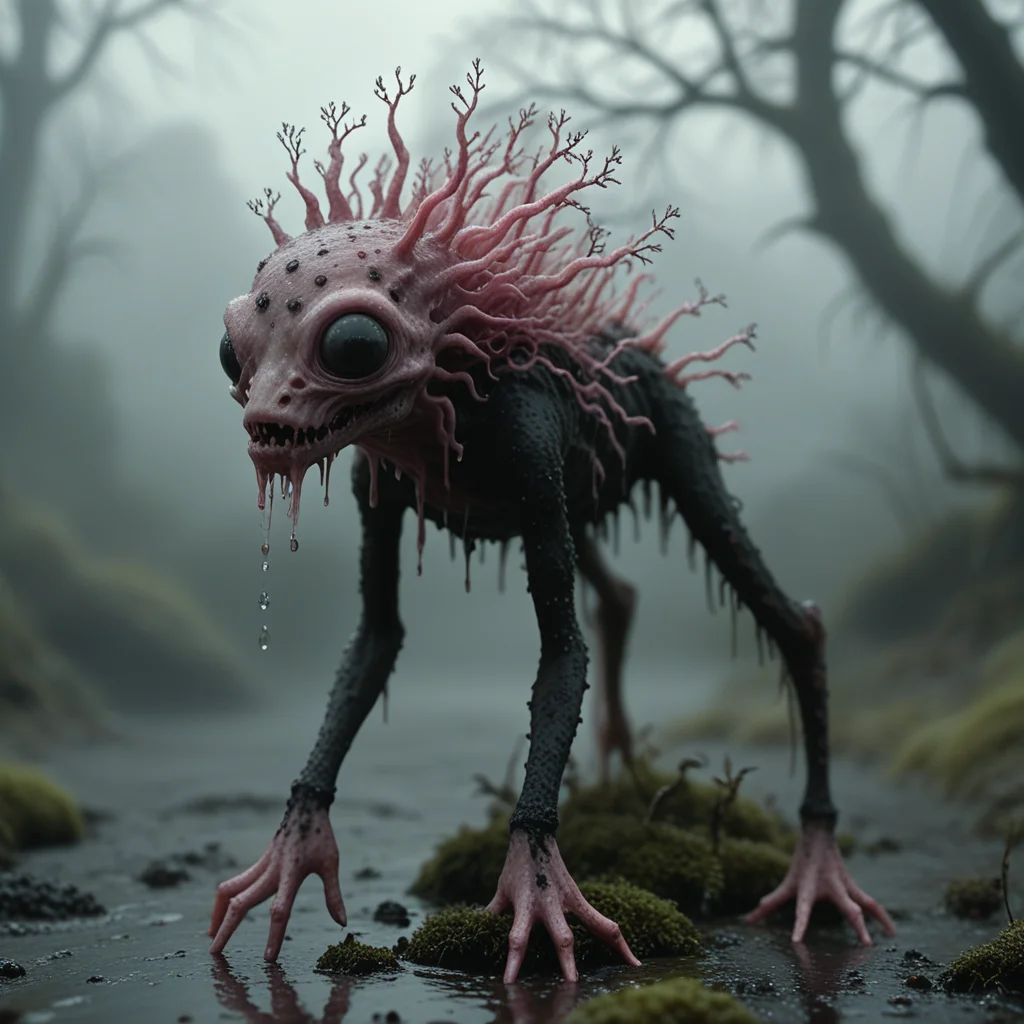 black and pink PXDlichenmutant, mesh body, wet, scary, toxic, amazing nature, natural lighting, analog photo, detailed 4k, gothic creature, moss, stream, water, intricate image details, dripping water, haze, fog, low angle, 