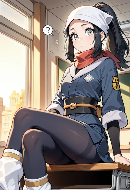 masterpiece, best quality, 1girl, solo, eyelashes, (beautiful eyes),     zzAkari, grey eyes, eyelashes, black hair, long hair, white headwear, sidelocks, ponytail, black pantyhose, black undershirt, jacket, loose socks, pantyhose, red scarf, sash, classroom, morning light, sitting on desk, tilted head, curious expression â Morning sun filters through tall classroom windows, casting long shadows across empty desks. Akari sits atop one, her legs crossed, pantyhose shimmering in the golden light. Her ponytail catches the light as it swings over her shoulder, red scarf wrapped casually around her neck. She tilts her head, eyes focused on the viewer with a curious spark. Thereâs a playful stillness to the moment, like she knows something you donât.       , <lora:AkariPokemon_IXL_v2:1.0>,
