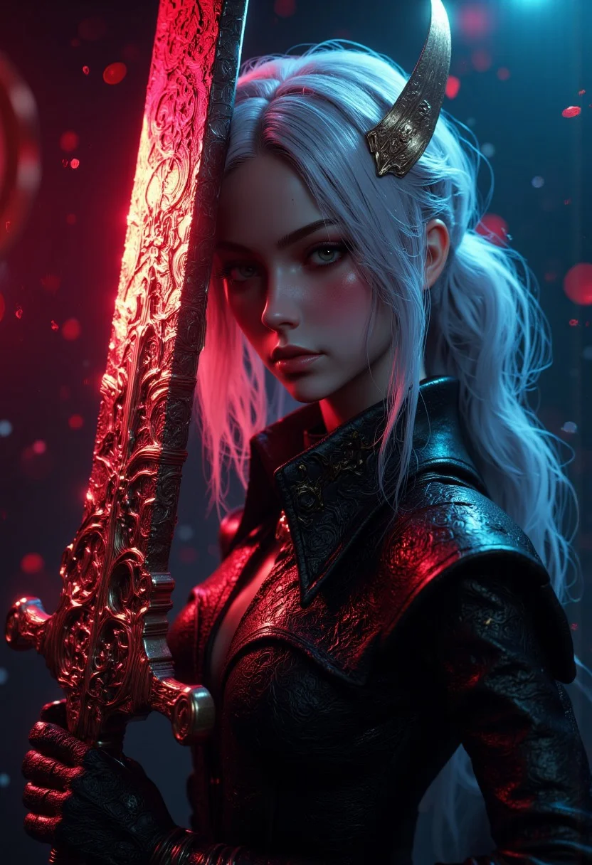 A dark and dramatic scene of Lady Maria, standing confidently in the center, her slender form draped in intricate detailed outfit. Her face is partially obscured by her silver hair, revealing only her cold, determined eyes. She wields a massive rune-etched greatsword, glowing faintly with a vibrant scarlet light, hovering just above her hand as if controlled by her sheer will. Her doll hands, gloved in ornate metallic designs, grip the sword’s hilt with deadly precision. The background is shrouded in darkness, accented by splashes of vivid neon reds, blues, and purples that create an otherworldly, chaotic atmosphere. The scene blends cyberpunk and dark fantasy aesthetics, emphasizing dramatic lighting, high contrast, and a shallow depth of field. Bokeh effects and film grain add a cinematic, moody quality to the shot, capturing PlainD0ll’s haunting beauty and deadly presence in stunning, highly detailed fashion. (maximum ultra high definition image quality and rendering:3), maximum image detail, maximum realistic render, (((ultra realist style))), realist side lighting, , 8K high definition, realist soft lighting, (amazing special effect:3.5)