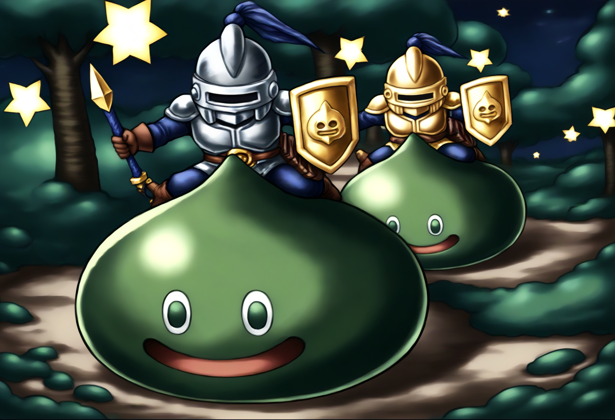 score_9,score_8_up,score_7_up,best quality,masterpiece,super detailed,extreme detailed,full_body,zPDXL BREAK forest,night,2 others,2 monsters,
<lora:Pony_DetailV2.0:1>,slime knight,slime_(dragon_quest),armor,helmet,holding shield,holding sword,knight,<lora:slime knight:1>,look_at_each_other,riding,