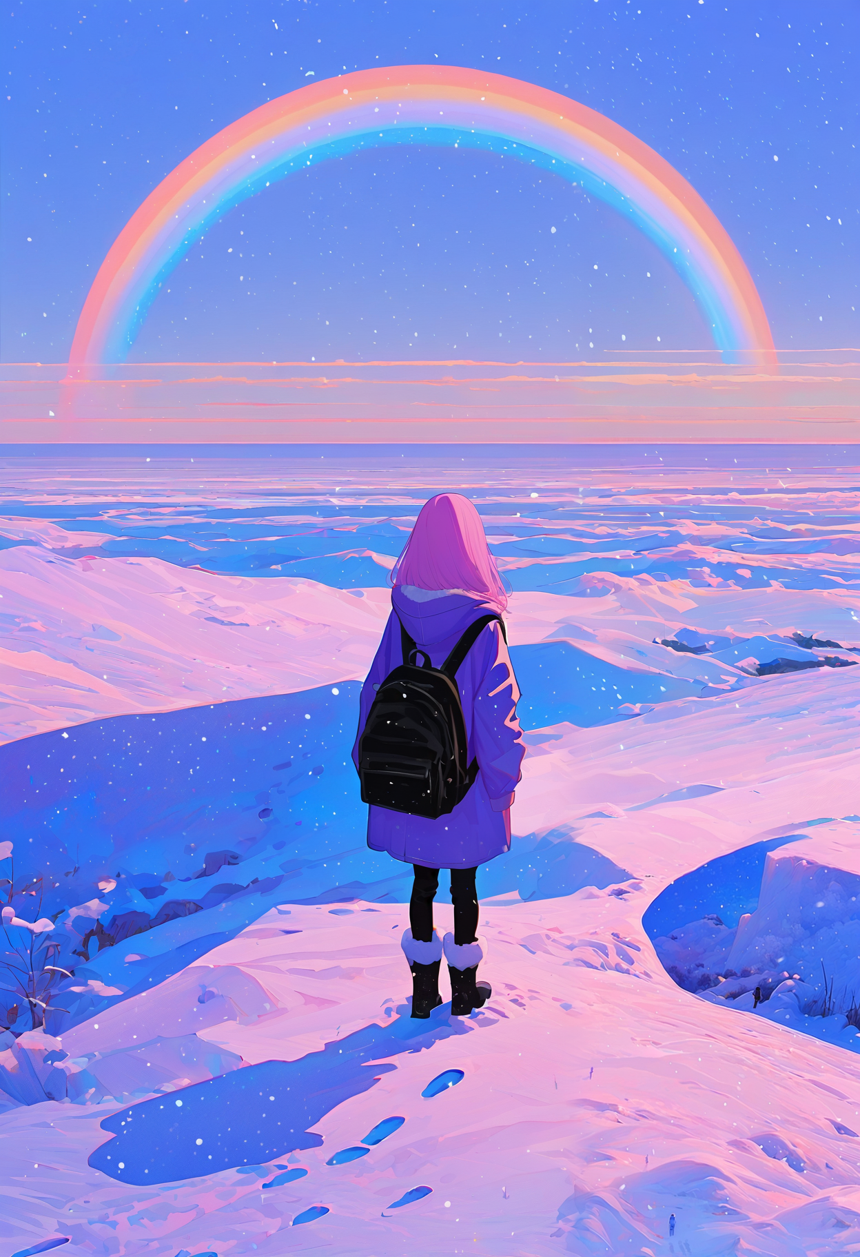 <lora:MF9fMTFYeA==-noobaiXLNAIXL_epsilonPred_V110_V1-CAME>, MF9f, 1girl, backpack, solo, snow, bag, boots, from behind, outdoors, coat, hood, sky, standing, pink hair, rainbow, shadow, winter clothes, long sleeves, footprints, long hair, wide shot, facing away, scenery, horizon, hooded coat, blue sky, hood down, chromatic aberration, medium hair, winter coat, black bag, black pants, fur-trimmed boots, winter, day, pants, snowing