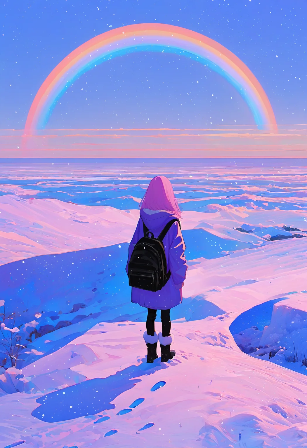 <lora:MF9fMTFYeA==-noobaiXLNAIXL_epsilonPred_V110_V1-CAME>, MF9f, 1girl, backpack, solo, snow, bag, boots, from behind, outdoors, coat, hood, sky, standing, pink hair, rainbow, shadow, winter clothes, long sleeves, footprints, long hair, wide shot, facing away, scenery, horizon, hooded coat, blue sky, hood down, chromatic aberration, medium hair, winter coat, black bag, black pants, fur-trimmed boots, winter, day, pants, snowing