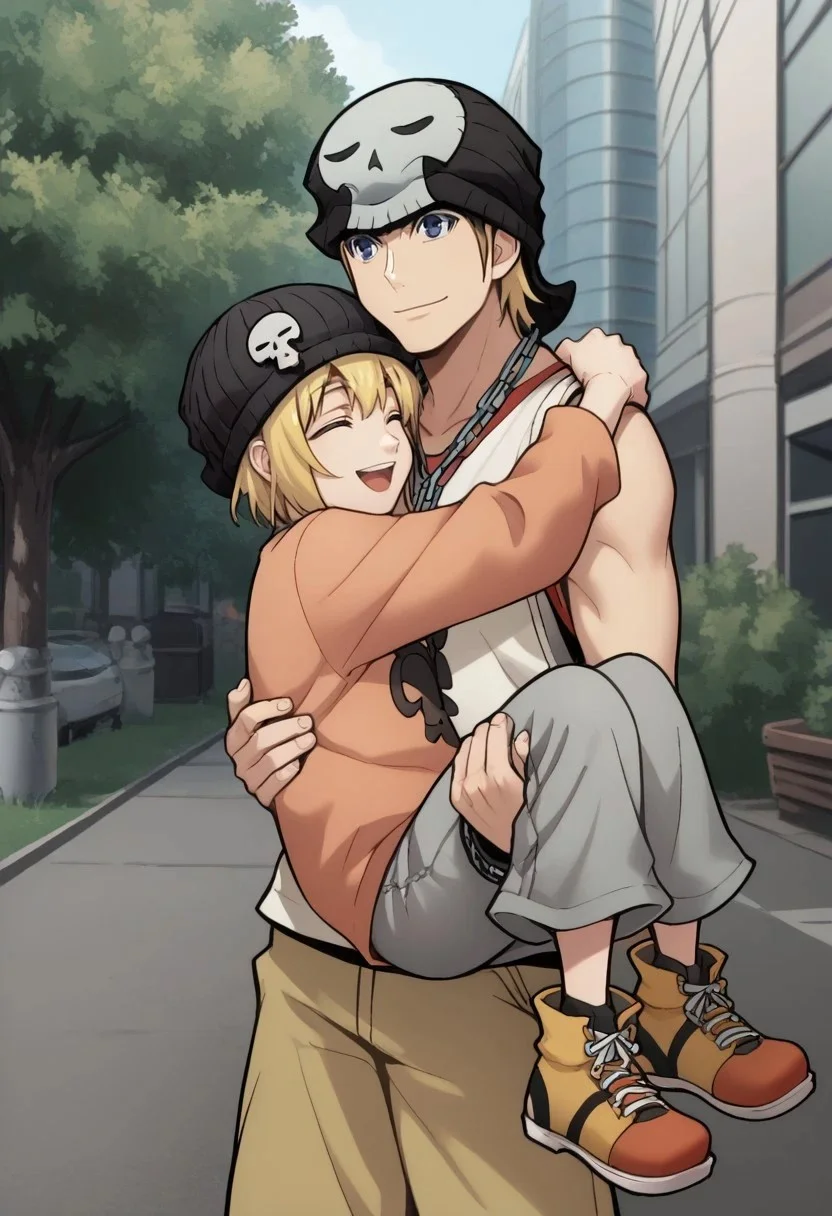 score_9, score_8_up, score_7_up, source_anime, highly detailed, 1boy, 1girl,

raimu, 1girl, blue eyes, blonde hair, hat, smile, open mouth, closed eyes, shirt, black headwear, beanie, long sleeves, short hair,  bangs, skull print, orange shirt, sleeves past wrists,  grey shorts, yellow footwear,

daisuke, 1boy, male focus, blonde hair, blue eyes, hat, beanie, jewelry, bracelet, chain necklace, tank top, yellow shorts, chain, smile, closed mouth,

outdoor, street, tree, smile, posing for a photo, siblings, brother and sister, princess carry
