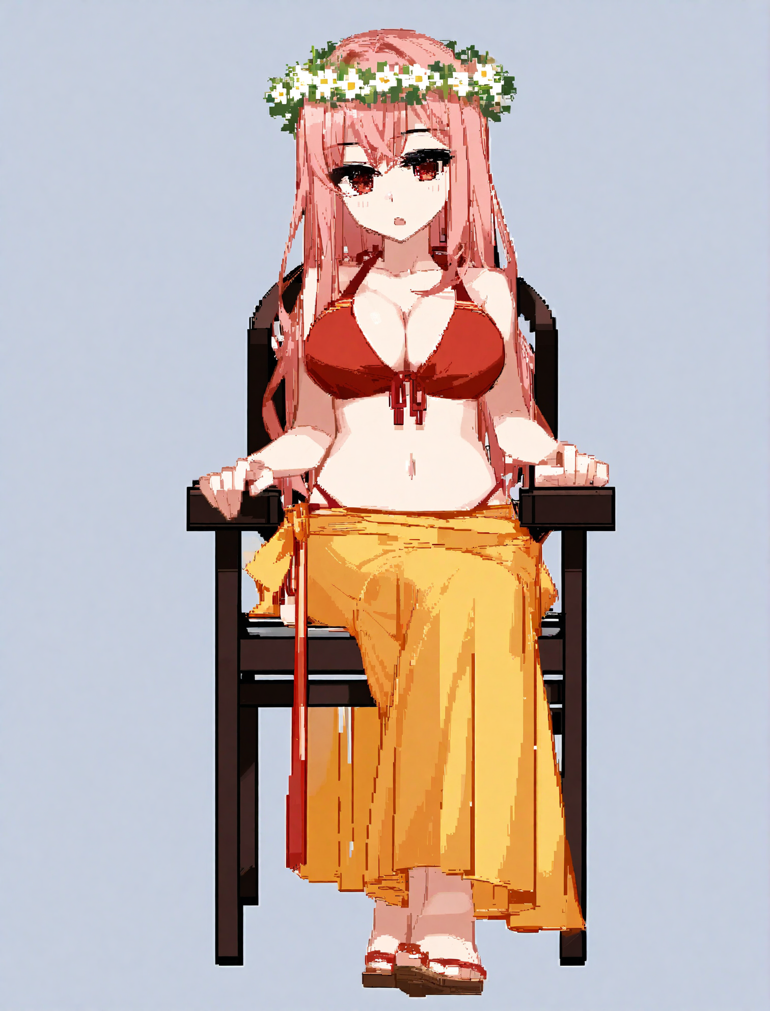 artist:ciloranko,character: Mizuki (ç¾æ) clothes1, 1girl, solo, sitting on chair, crossed legs, full body, long hair, pink hair, large breasts, flower, red eyes, white head wreath, pixel art, :o, yellow sarong, cleavage, navel, collarbone, red bikini, front-tie bikini top
<lora:Mizuki (ç¾æ) v6 (å¤æè£æ­£ååå¾ç¿»è½¬)-000013:1>