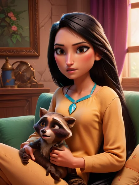 score_9, score_8_up, score_7_up, casual outfit, pocahontas, A woman with long black hair sitting on a green couch, holding a small, fluffy raccoon, 1girl, long hair, looking at viewer, blush, open mouth, shirt, long sleeves, brown eyes, closed mouth, collarbone, yellow eyes, indoors, necklace, lips, pillow, window, curtains, animal on lap, furry animal,   
 <lora:princess_rc_pony_v2:0.8>