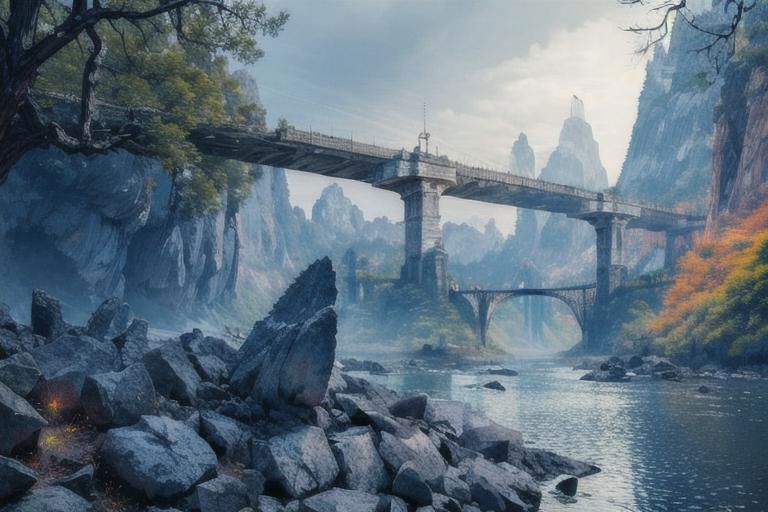 (Realistic:1.5) EdobLandscapeAlpha , outdoors, thorns, signature, blue theme, evening, alien, bridge, solo, rock, forest, <lora:EdobLandscapeAlpha_v1.0:0.8>
