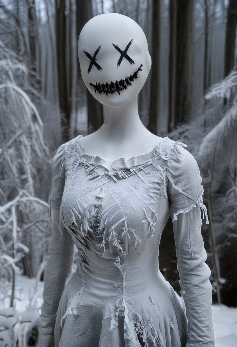 score_9, score_8_up, score_7_up, source_realistic, hyper-realistic details, extreme photorealism, high quality v3, (ultra-HD details),  
A white female faceless mannequin with X-eyes and fanged sewn creepy smile wearing a white victorianstyle dress outdoors in a Winter forest, lots snowflake with snowflakes falling from the sky... dark melancholic atmosphere