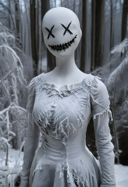 score_9, score_8_up, score_7_up, source_realistic, hyper-realistic details, extreme photorealism, high quality v3, (ultra-HD details),
A white female faceless mannequin with X-eyes and fanged sewn creepy smile wearing a white victorianstyle dress outdoors in a Winter forest, lots snowflake with snowflakes falling from the sky... dark melancholic atmosphere