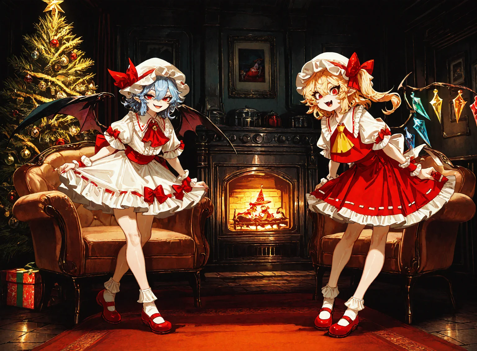 2girls, flandre_scarlet ,remilia_scarlet, ascot, back_bow, bat_wings, black_wings, blue_hair ,bobby_socks ,bow, bow_legwear, center_frills ,crystal,crystal_wings, fang, fingernails ,frilled_cuffs, frilled_shirt_collar, frilled_skirt ,frilled_sleeves, frilled_socks, frills, hat ,hat_bow ,long_hair,looking_at_viewer , mary_janes, mob_cap ,multiple_girls ,open_mouth, puffy_short_sleeves, puffy_sleeves, red_bow, red_eyes ,red_footwear, red_moon ,red_nails ,red_ribbon ,red_skirt, red_vest, ribbon, ribbon-trimmed_skirt ,ribbon_trim, sharp_fingernails ,shirt ,shoes, short_hair, short_sleeves, siblings, side_ponytail ,sisters, skirt ,skirt_set ,sleeve_ribbon ,smile, socks ,vest,white_bow ,white_hat ,white_shirt ,white_skirt, white_socks ,wings ,wrist_cuffs ,yellow_ascot,
chrlib, scenery, indoors, living room, night, oven, christmas tree, christmas ornaments, red carpet,
, Fishine,ireading ,noya_makoto ,quasarcake, retro_artstyle, retro,looking_at_viewer ,
masterpiece, best quality, amazing quality, very aesthetic, absurdres, newest, <lora:ponyv5_noobE11_1_adamW:0.6>, <lora:add-detail-xl:0.5>, <lora:cfg_scale_boost:0.5>, <lora:retro_scifi_artstyle:0.6>, <lora:USNR STYLE_XL_loha:0.6>, <lora:Christmas living room:0.6>