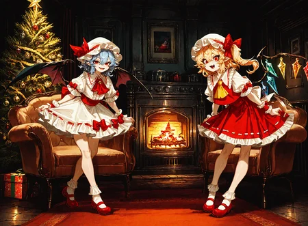 2girls, flandre_scarlet ,remilia_scarlet, ascot, back_bow, bat_wings, black_wings, blue_hair ,bobby_socks ,bow, bow_legwear, center_frills ,crystal,crystal_wings, fang, fingernails ,frilled_cuffs, frilled_shirt_collar, frilled_skirt ,frilled_sleeves, frilled_socks, frills, hat ,hat_bow ,long_hair,looking_at_viewer , mary_janes, mob_cap ,multiple_girls ,open_mouth, puffy_short_sleeves, puffy_sleeves, red_bow, red_eyes ,red_footwear, red_moon ,red_nails ,red_ribbon ,red_skirt, red_vest, ribbon, ribbon-trimmed_skirt ,ribbon_trim, sharp_fingernails ,shirt ,shoes, short_hair, short_sleeves, siblings, side_ponytail ,sisters, skirt ,skirt_set ,sleeve_ribbon ,smile, socks ,vest,white_bow ,white_hat ,white_shirt ,white_skirt, white_socks ,wings ,wrist_cuffs ,yellow_ascot,
chrlib, scenery, indoors, living room, night, oven, christmas tree, christmas ornaments, red carpet,
, Fishine,ireading ,noya_makoto ,quasarcake, retro_artstyle, retro,looking_at_viewer ,
masterpiece, best quality, amazing quality, very aesthetic, absurdres, newest, <lora:ponyv5_noobE11_1_adamW:0.6>, <lora:add-detail-xl:0.5>, <lora:cfg_scale_boost:0.5>, <lora:retro_scifi_artstyle:0.6>, <lora:USNR STYLE_XL_loha:0.6>, <lora:Christmas living room:0.6>