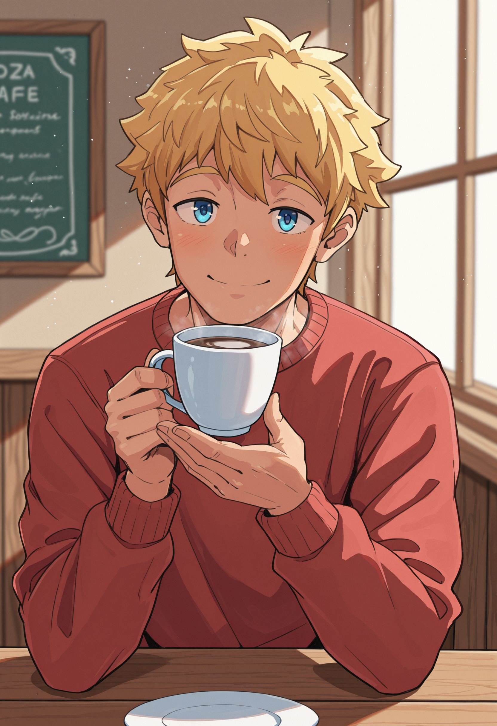 besustyle, 
extremely detailed clothes, detailed eyes, detailed skin, detailed hair, masterpiece, best quality, amazing quality, very aesthetic, high resolution, ultra-detailed, absurdres, newest, male focus,
1boy, adult, bara, solo, blonde hair, short hair, blue eyes, slight smile, closed mouth, looking at viewer, casual sweater, sweater, long sleeves, 
sitting, sipping coffee, holding cup, holding, smile,
cozy cafe, indoors, wooden table, teacup, cup, warm sunlight streaming through window, blurred background, other patrons, light particles, front view, upper body, from side