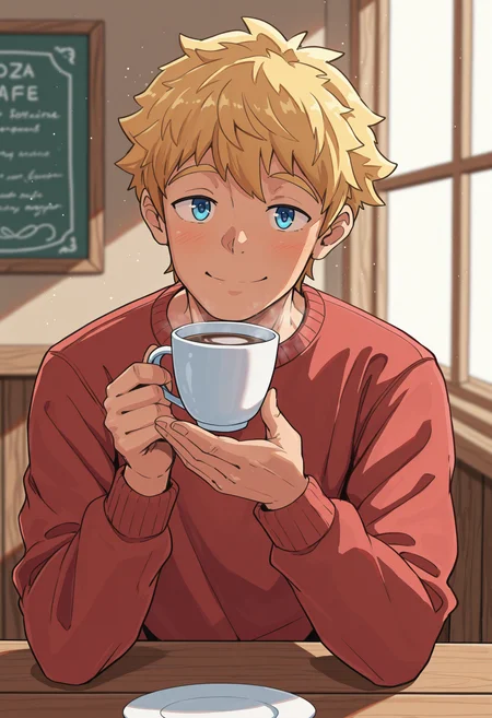 besustyle,
extremely detailed clothes, detailed eyes, detailed skin, detailed hair, masterpiece, best quality, amazing quality, very aesthetic, high resolution, ultra-detailed, absurdres, newest, male focus,
1boy, adult, bara, solo, blonde hair, short hair, blue eyes, slight smile, closed mouth, looking at viewer, casual sweater, sweater, long sleeves,
sitting, sipping coffee, holding cup, holding, smile,
cozy cafe, indoors, wooden table, teacup, cup, warm sunlight streaming through window, blurred background, other patrons, light particles, front view, upper body, from side