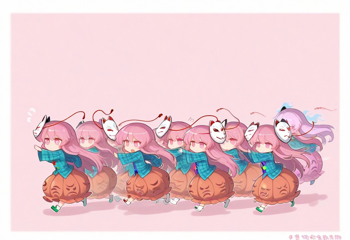 masterpiece, best quality, amazing quality, 6+girls, multiple girls, hata no kokoro, touhou, pink hair, very long hair, pink eyes, plaid shirt, blue shirt, skirt, bubble skirt, orange skirt, fox mask, minigirl, (chibi), running, clones