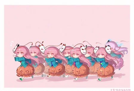 masterpiece, best quality, amazing quality, 6+girls, multiple girls, hata no kokoro, touhou, pink hair, very long hair, pink eyes, plaid shirt, blue shirt, skirt, bubble skirt, orange skirt, fox mask, minigirl, (chibi), running, clones